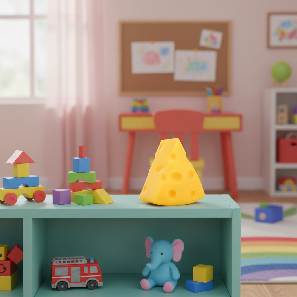 Large yellow squishy triangle cheese toy on a child's bedroom shelf with natural window light, lifestyle setting
