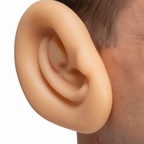 Extreme macro close-up of Funny Big Ears novelty prop flesh tone material texture and ear detail