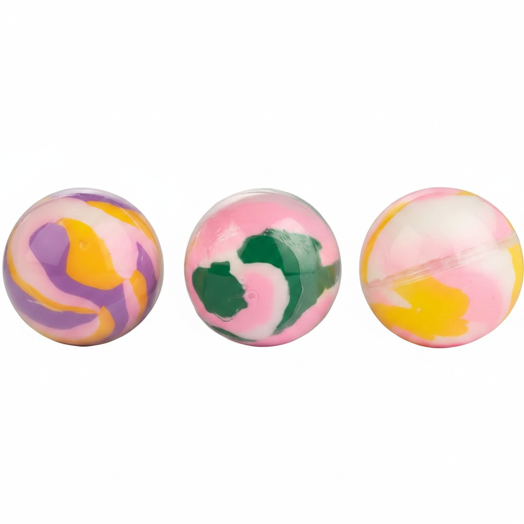 Three sensory butter putty balls on pure white background — pink purple yellow, pink green, and pink yellow white marble swirl designs