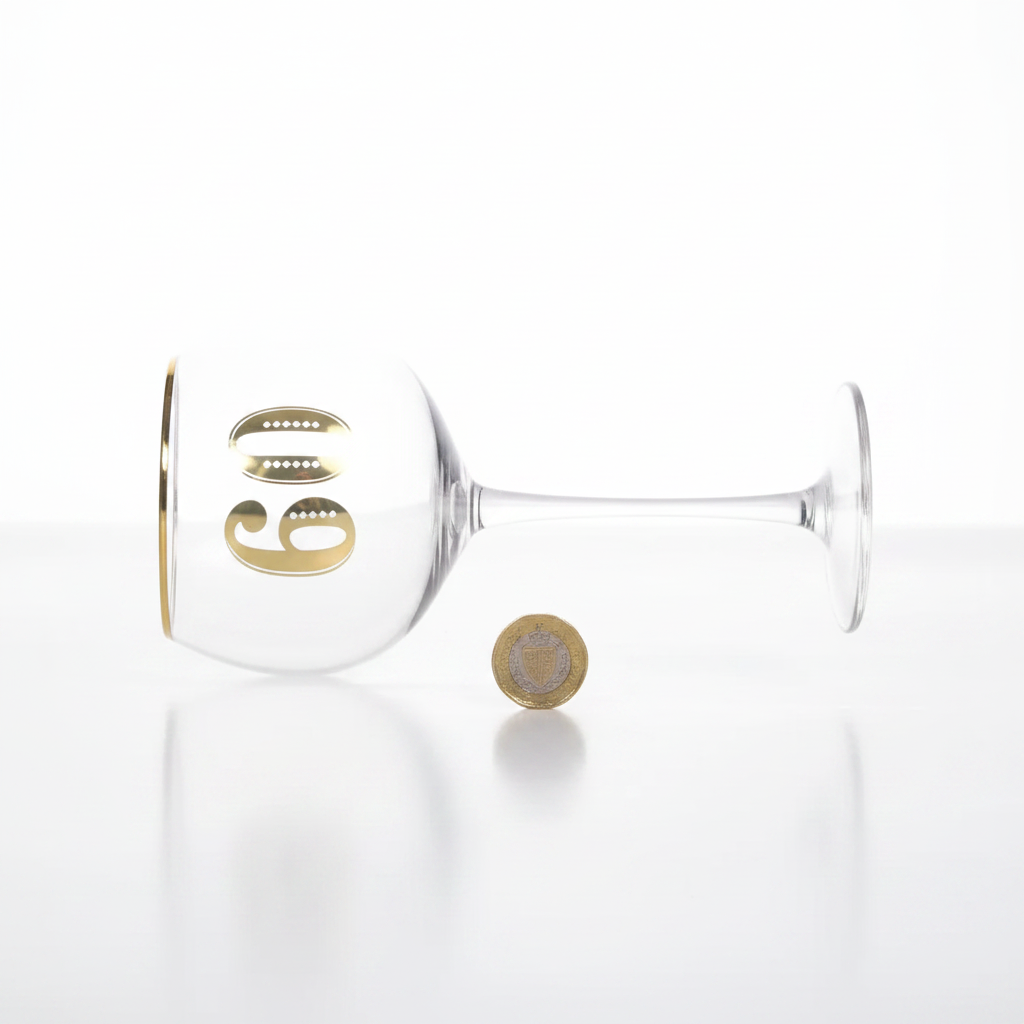 Art Deco 60th Birthday Gin Glass placed beside a £1 coin on white background to show size