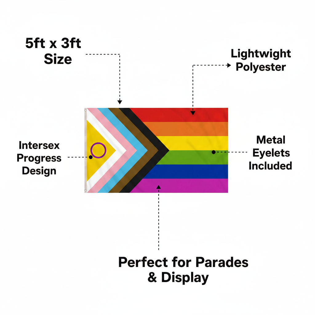 Intersex Progress Gay Pride Flag feature infographic with callout labels highlighting size, design, material and eyelets