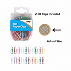 Tiger Stationery 100pcs assorted colour paper clips flat lay beside a British pound coin showing actual size on white background