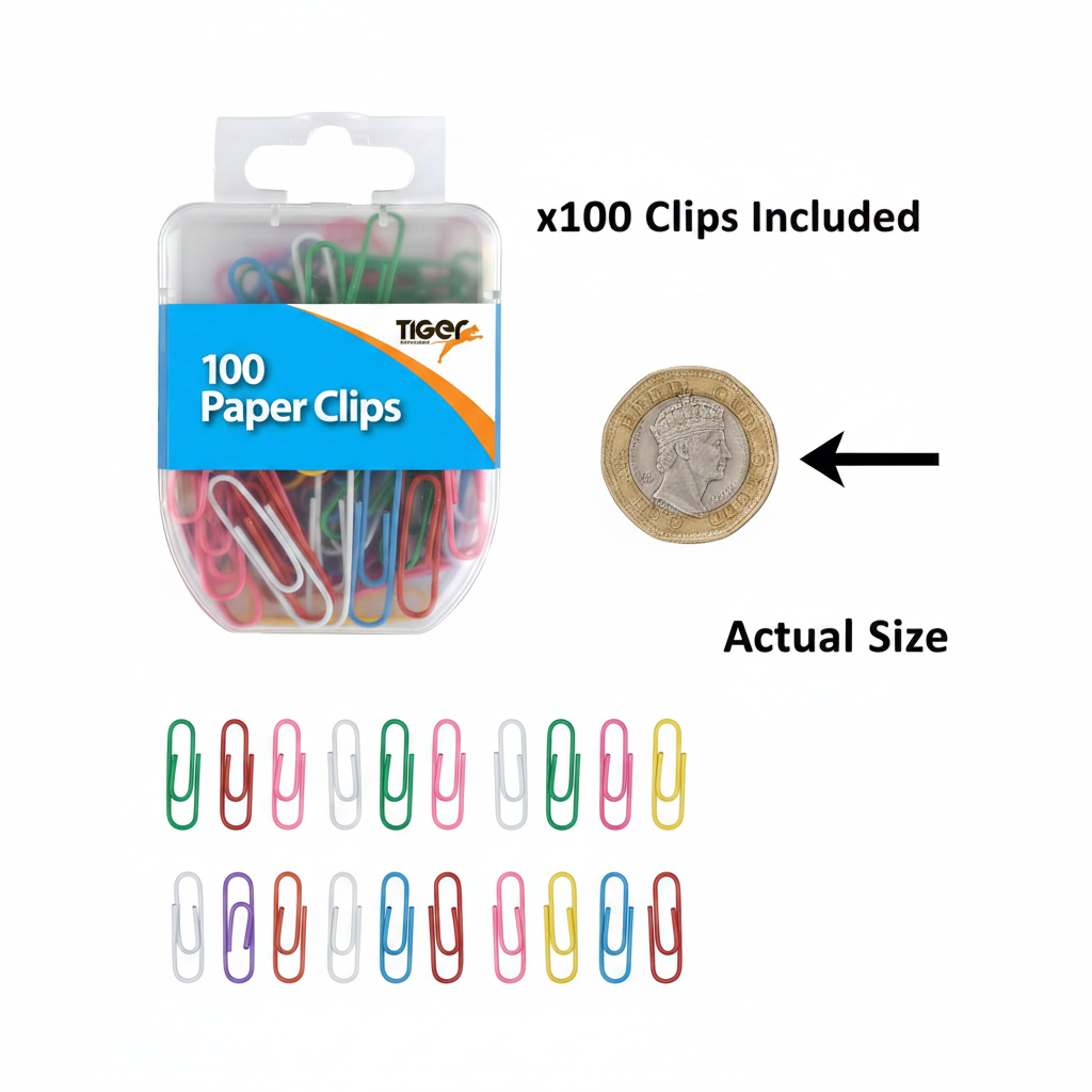 Tiger Stationery 100pcs assorted colour paper clips flat lay beside a British pound coin showing actual size on white background