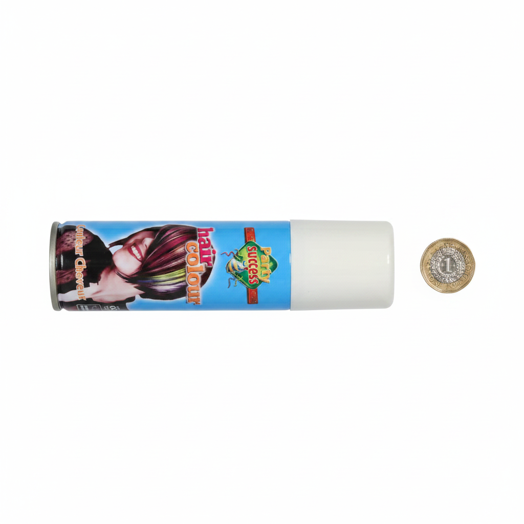 White temporary hair colour spray 125ml can shown beside a UK £1 coin for size