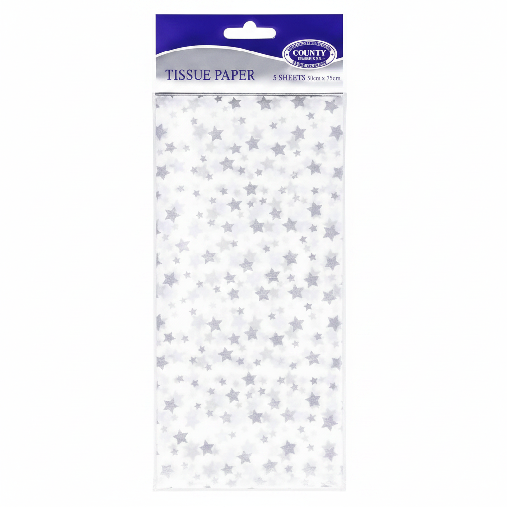 Silver star printed tissue paper pack of 5 on white background, studio hero shot