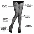Womens black fishnet skull tights feature infographic showing key product benefits and specifications