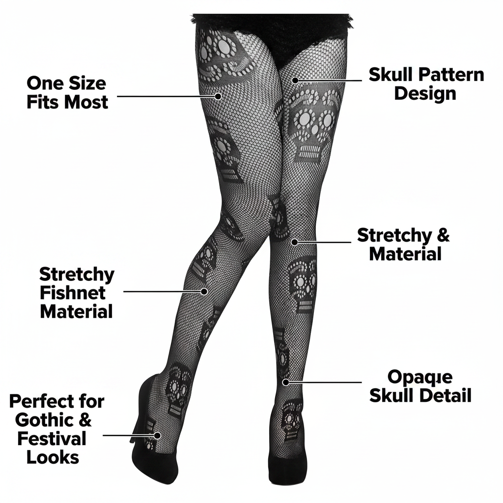 Womens black fishnet skull tights feature infographic showing key product benefits and specifications