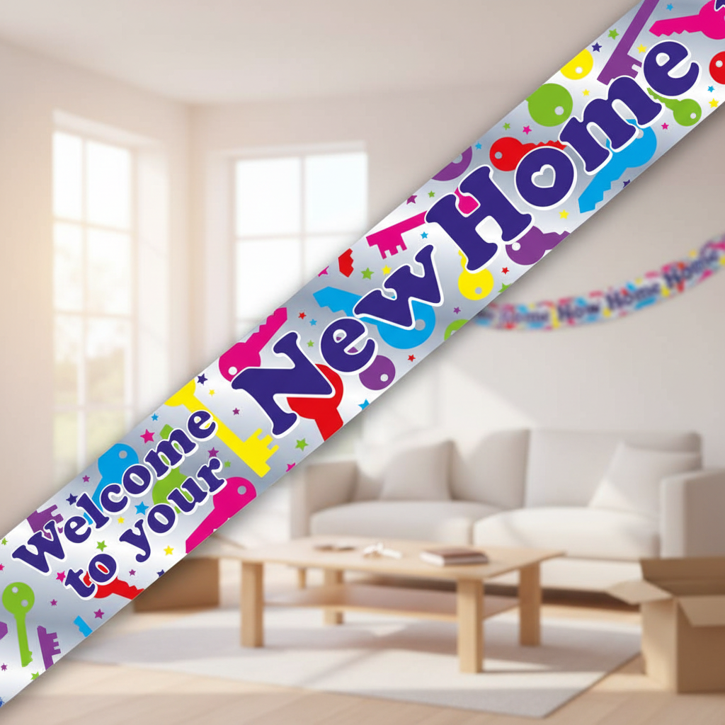 9ft Welcome to Your New Home banner displayed against beautiful new home interior with natural lighting