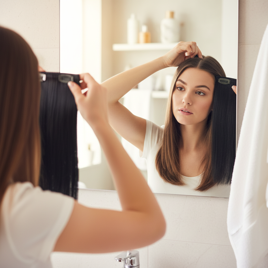 Woman clipping in Black Magic jet black one-piece hair extension, candid natural moment in mirror