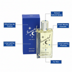 D&M Fragrances Immortal For Men 100ml EDT feature infographic with callout labels: 100ml Eau de Toilette, Natural Spray, Fresh Woody Aromatic, Long-Lasting Formula, For Men