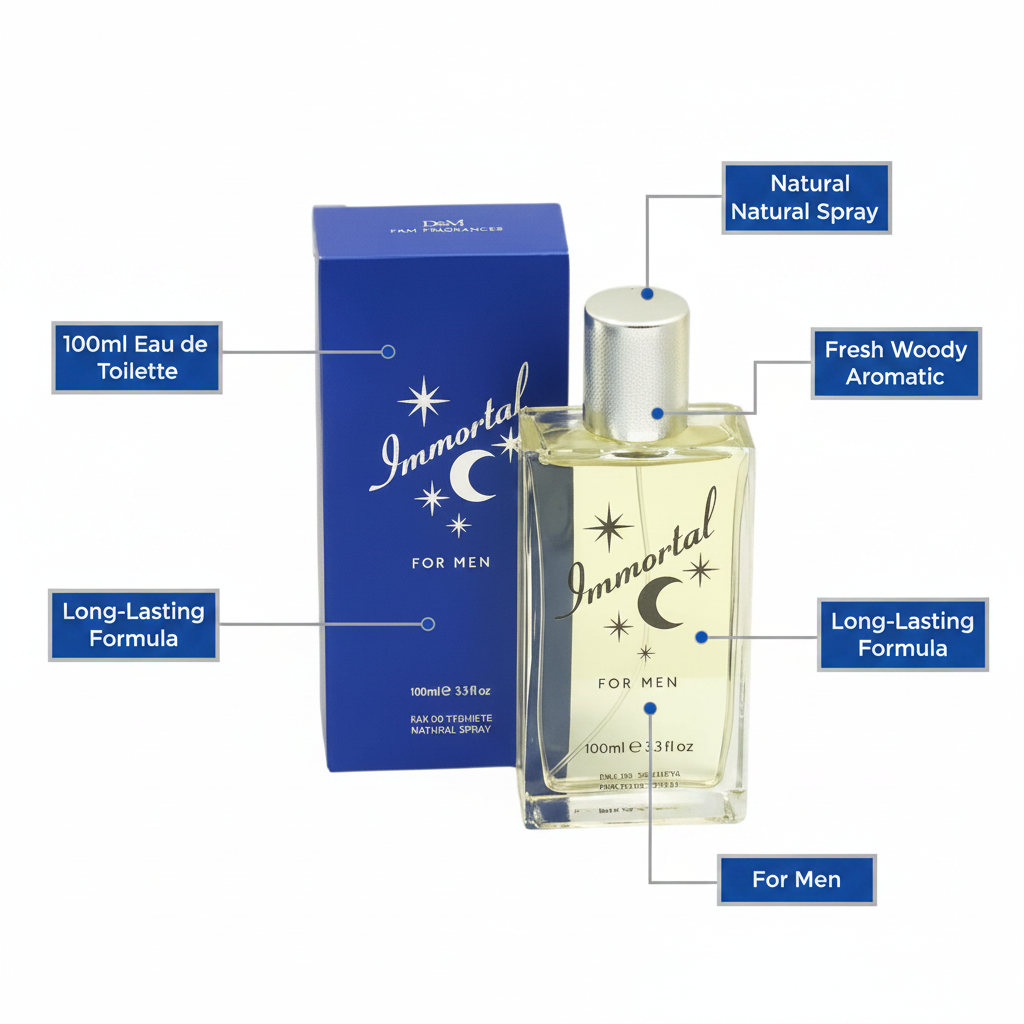 D&M Fragrances Immortal For Men 100ml EDT feature infographic with callout labels: 100ml Eau de Toilette, Natural Spray, Fresh Woody Aromatic, Long-Lasting Formula, For Men