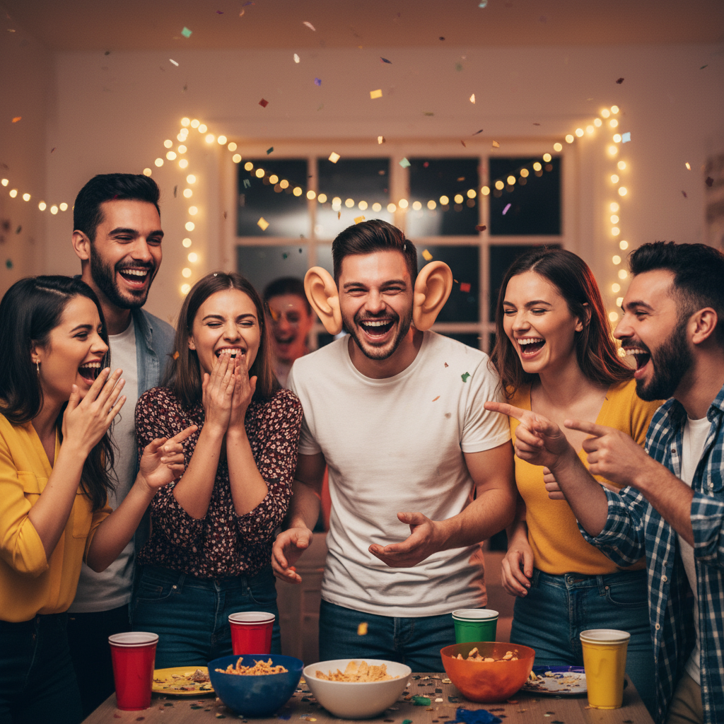 Group of friends laughing hysterically at person wearing Funny Big Ears novelty headband — star of the party