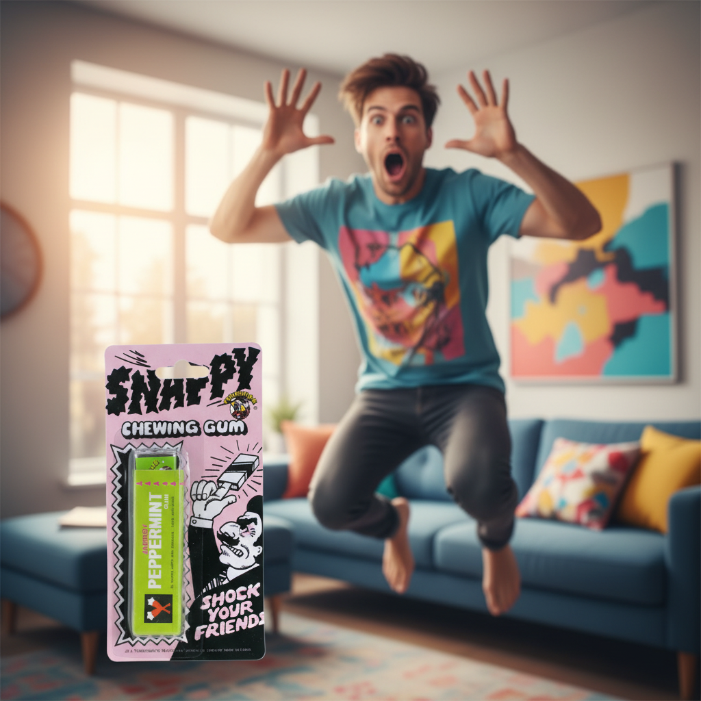 Person reacting with exaggerated comic shock and surprise with Funnyman Snappy Chewing Gum pink packaging in foreground
