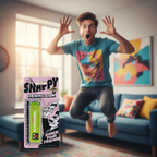 Person reacting with exaggerated comic shock and surprise with Funnyman Snappy Chewing Gum pink packaging in foreground