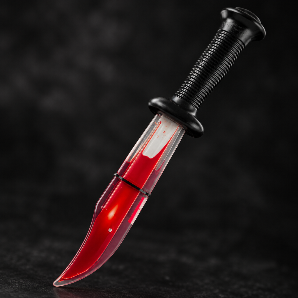 Close-up of the clear plastic knife blade filled with red liquid fake blood and black crossguard