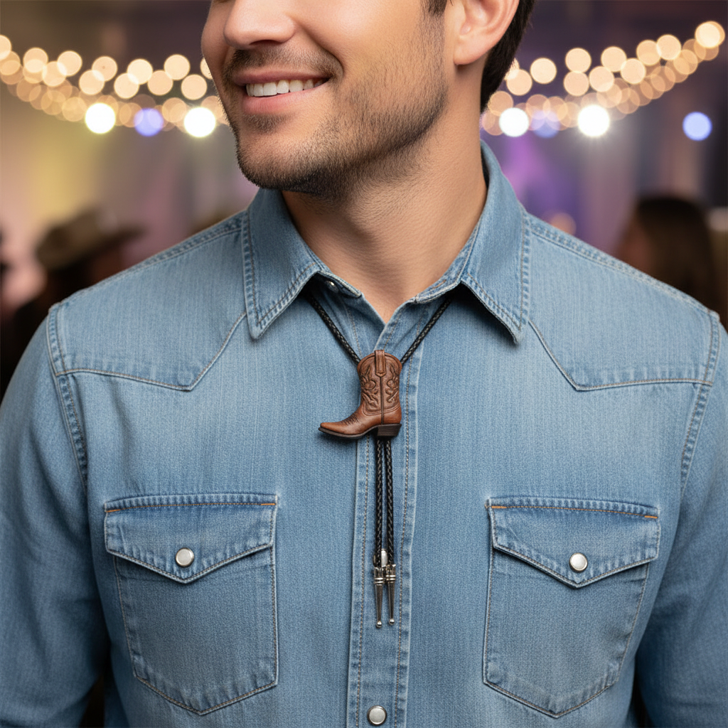 Man wearing cowboy boot bolo tie on a western shirt at a country music party