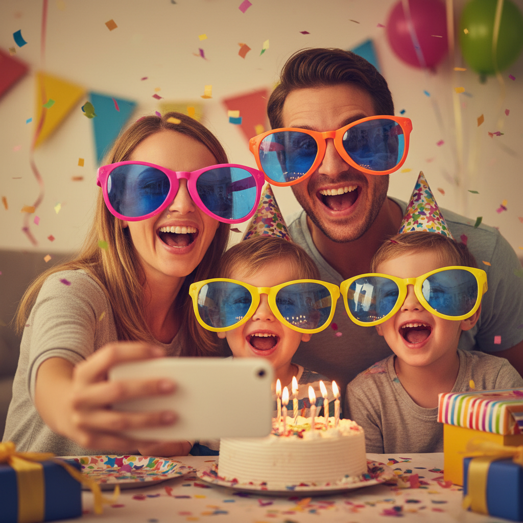 Happy family taking a selfie wearing giant neon clown glasses at a birthday party