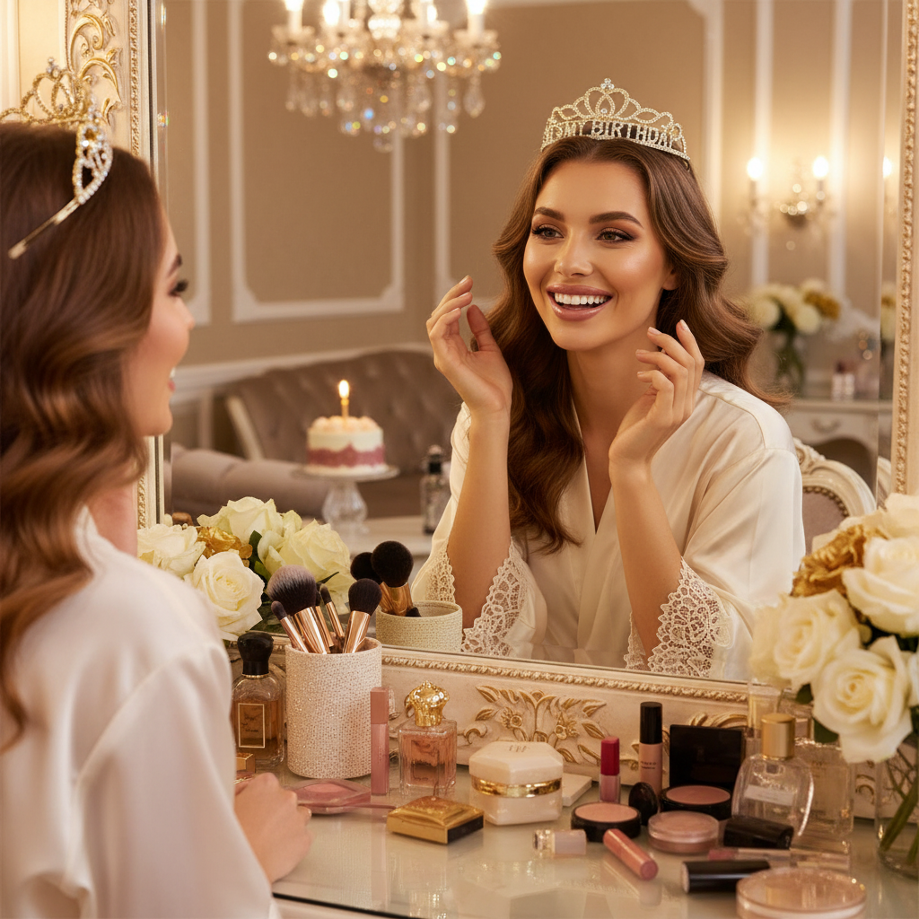 Woman getting ready for birthday wearing sparkling It's My Birthday gold rhinestone tiara looking in vanity mirror