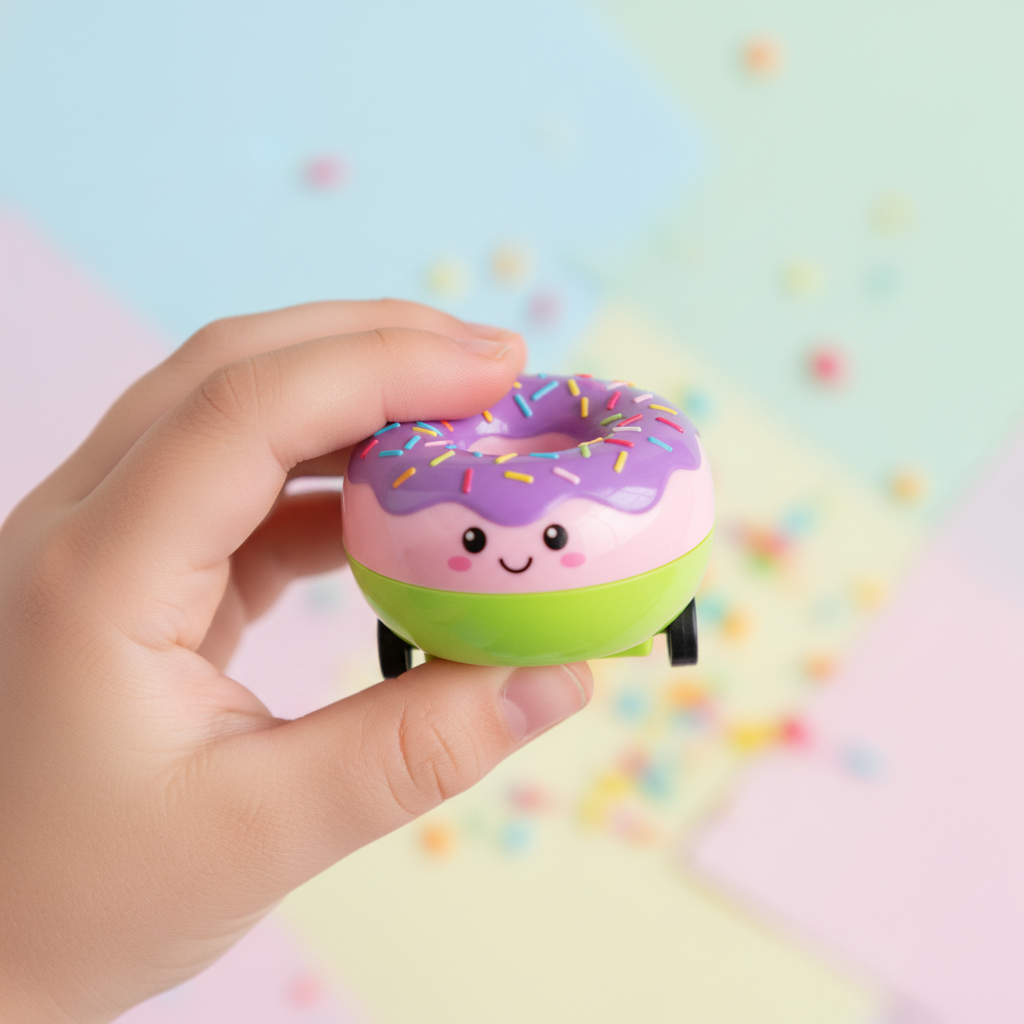Child holding colourful donut shaped pull back toy car close up
