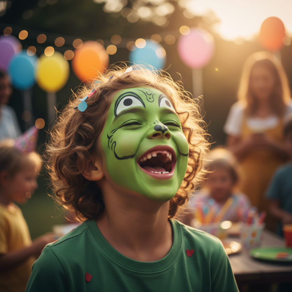 Joyful child with bright green Snazaroo face paint laughing at birthday party, golden hour light