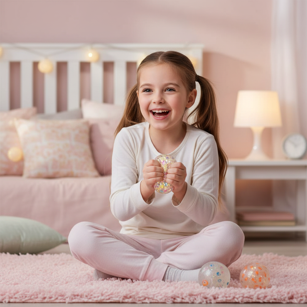 Young girl sitting on pastel bedroom rug happily squishing a Scrunchems Pets Diddy Squish Stress Ball with the other two beside her