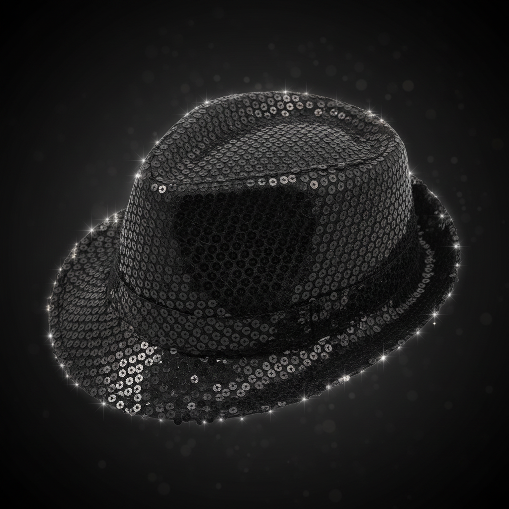 Black Sequin Trilby Hat displayed against a dark luxury background, sequins shimmering under studio lighting