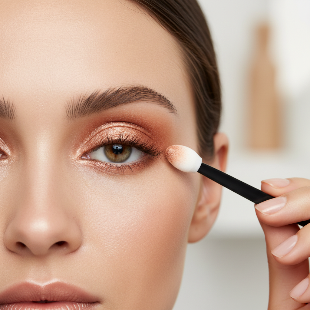 Close-up of a woman's eye being blended with a sponge eyeshadow applicator with copper shimmer shadow