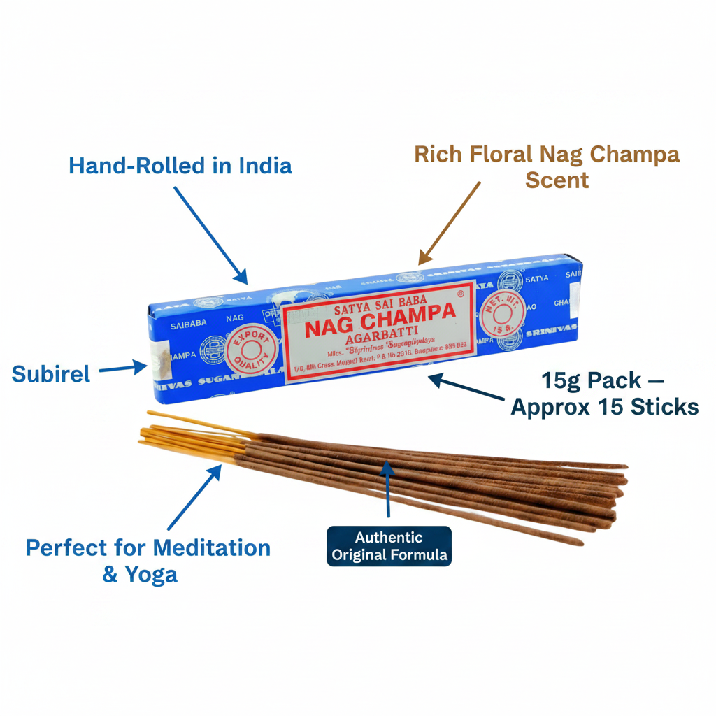 Satya Sai Baba Nag Champa 15g incense sticks feature infographic showing hand-rolled quality, authentic formula, rich floral scent, 15g pack contents and meditation benefits