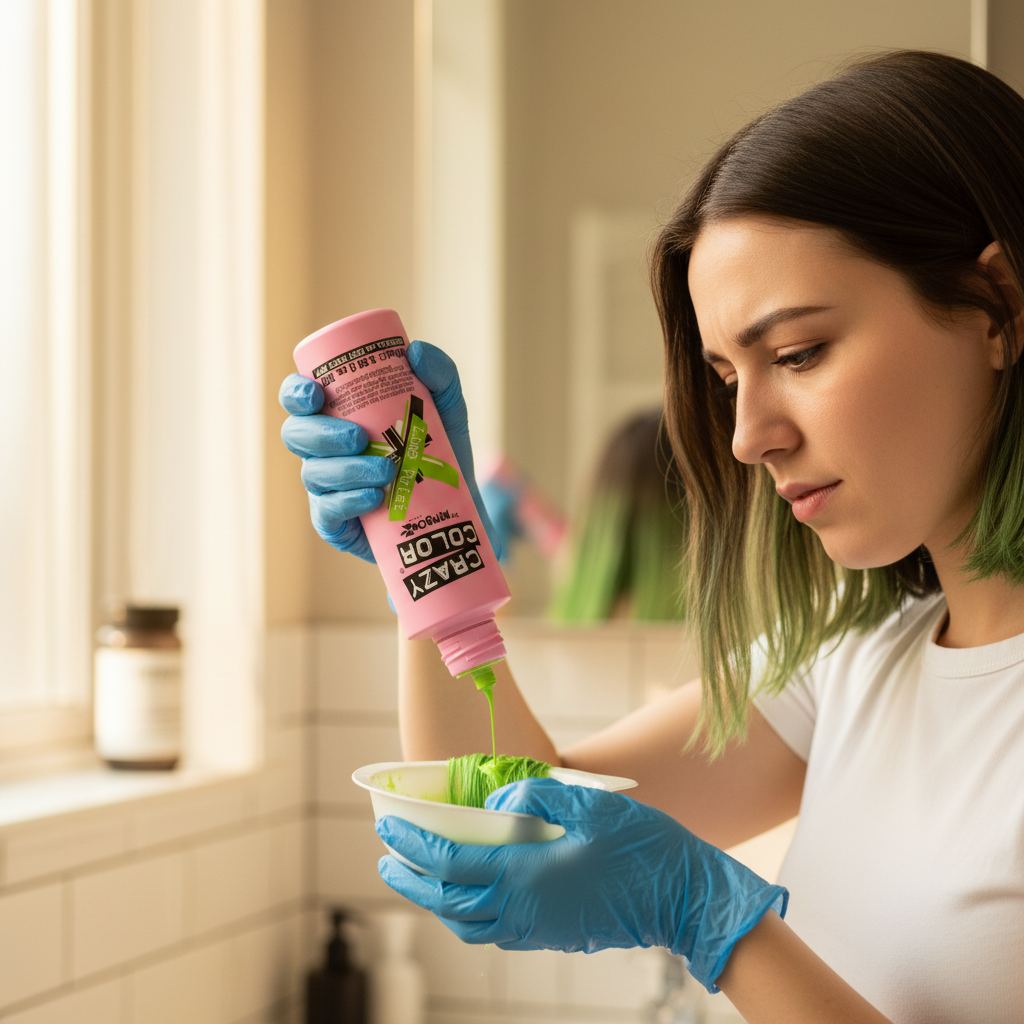 Woman applying Crazy Color Lime Twist semi-permanent hair dye to her hair in a bright bathroom