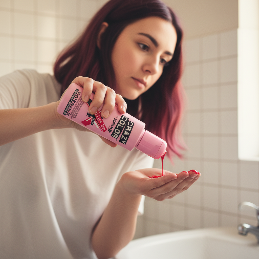 Woman applying Crazy Color Vermillion Red semi-permanent hair dye in bathroom, candid beauty moment