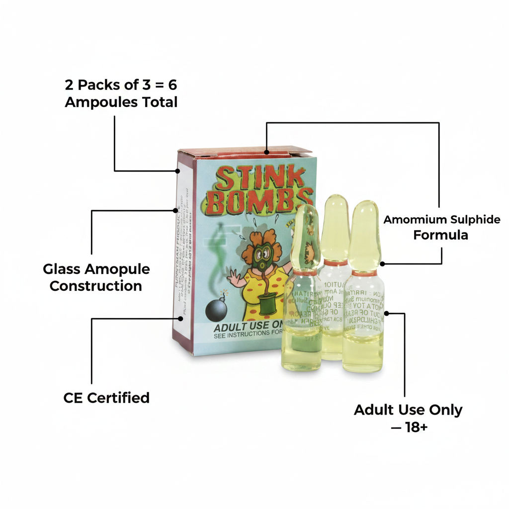 Stink Bombs 2 x Packs of 3 feature infographic — 6 ampoules total, glass construction, Ammonium Sulphide formula, CE certified, 18+ only