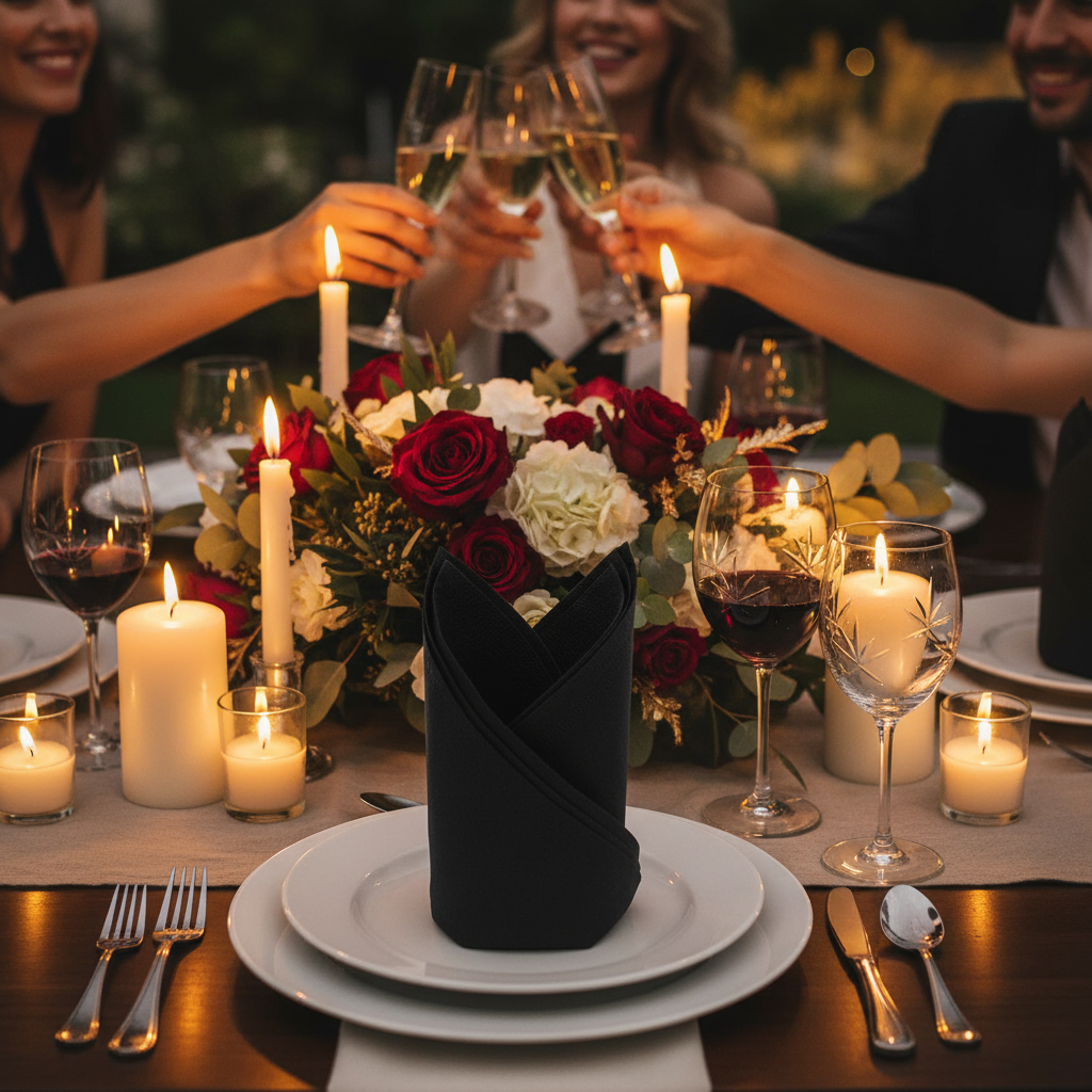 Black luncheon napkins styled on an elegant dinner party table with candles and wine glasses