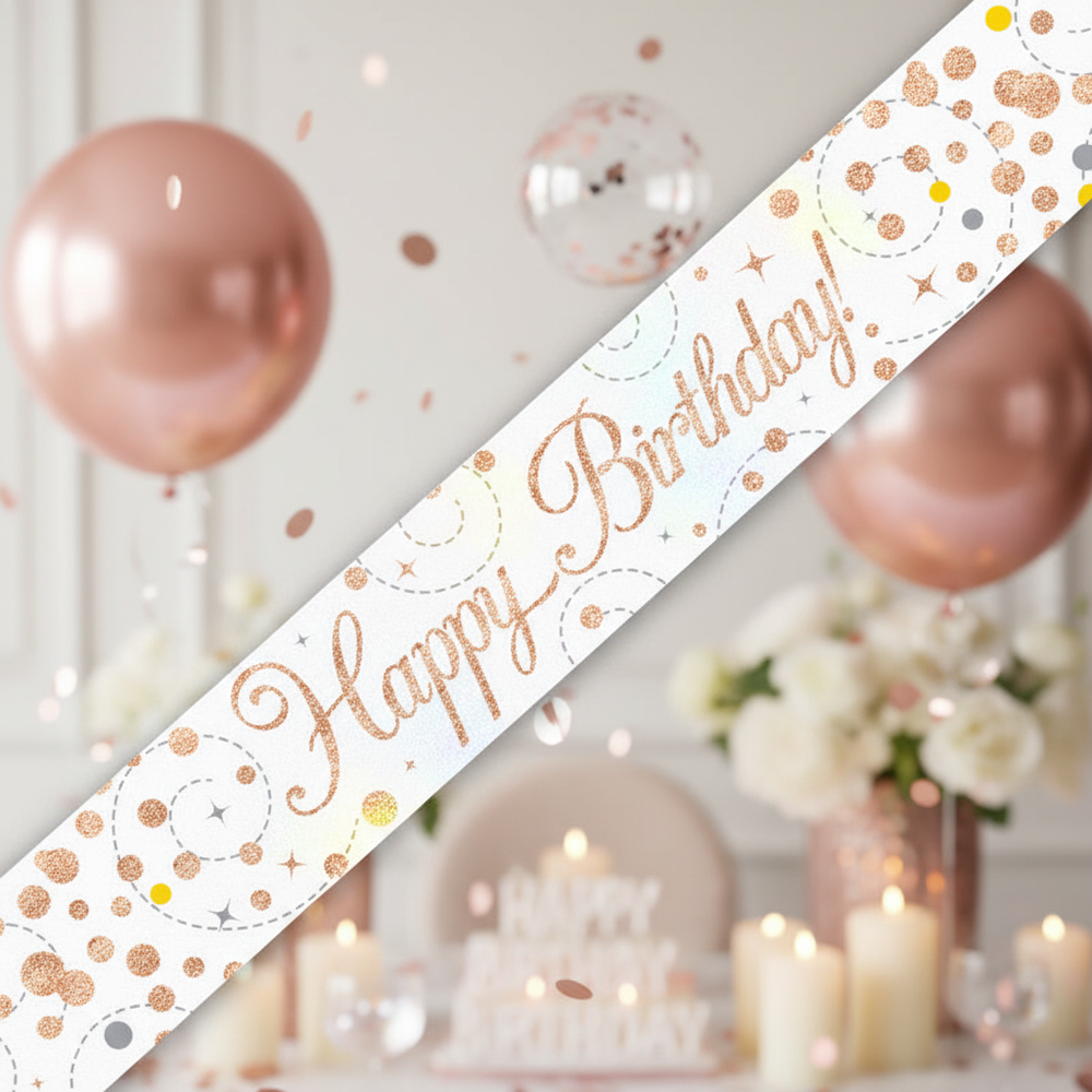 9ft Sparkling Fizz Birthday Banner in white and rose gold holographic finish displayed against elegant party backdrop