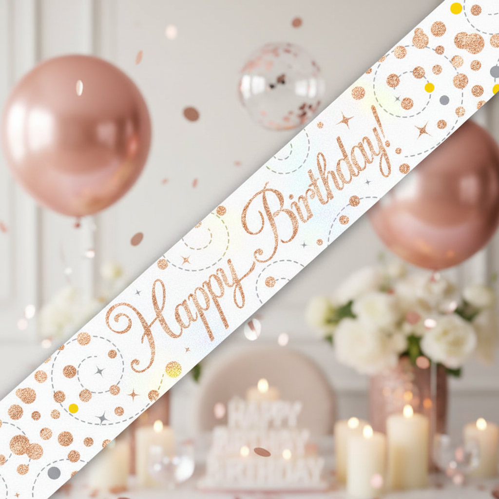 9ft Sparkling Fizz Birthday Banner in white and rose gold holographic finish displayed against elegant party backdrop