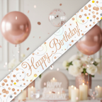 9ft Sparkling Fizz Birthday Banner in white and rose gold holographic finish displayed against elegant party backdrop