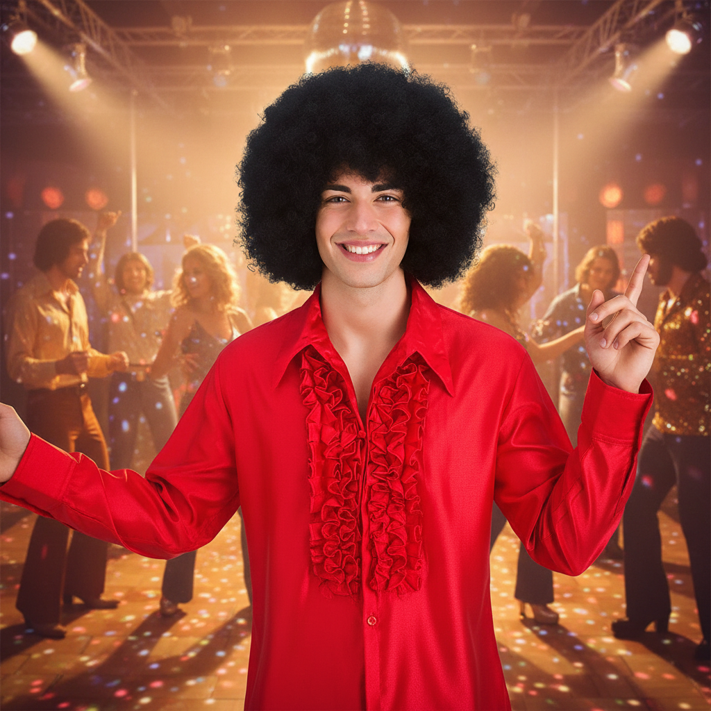 Person confidently wearing Giant Black Afro Wig at a 70s disco party, owning the room