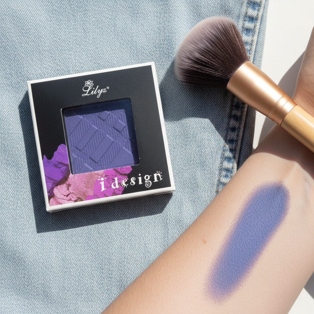 Lilyz Eyeshadow Mono Denim Blue on denim surface with makeup brush and colour swatch