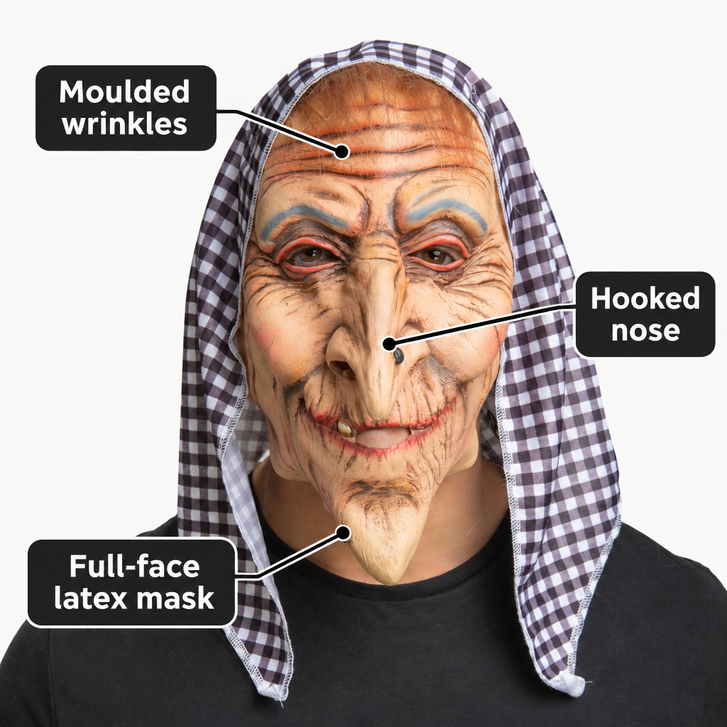 Old hag mask with callouts for moulded wrinkles, hooked nose and full-face latex coverage