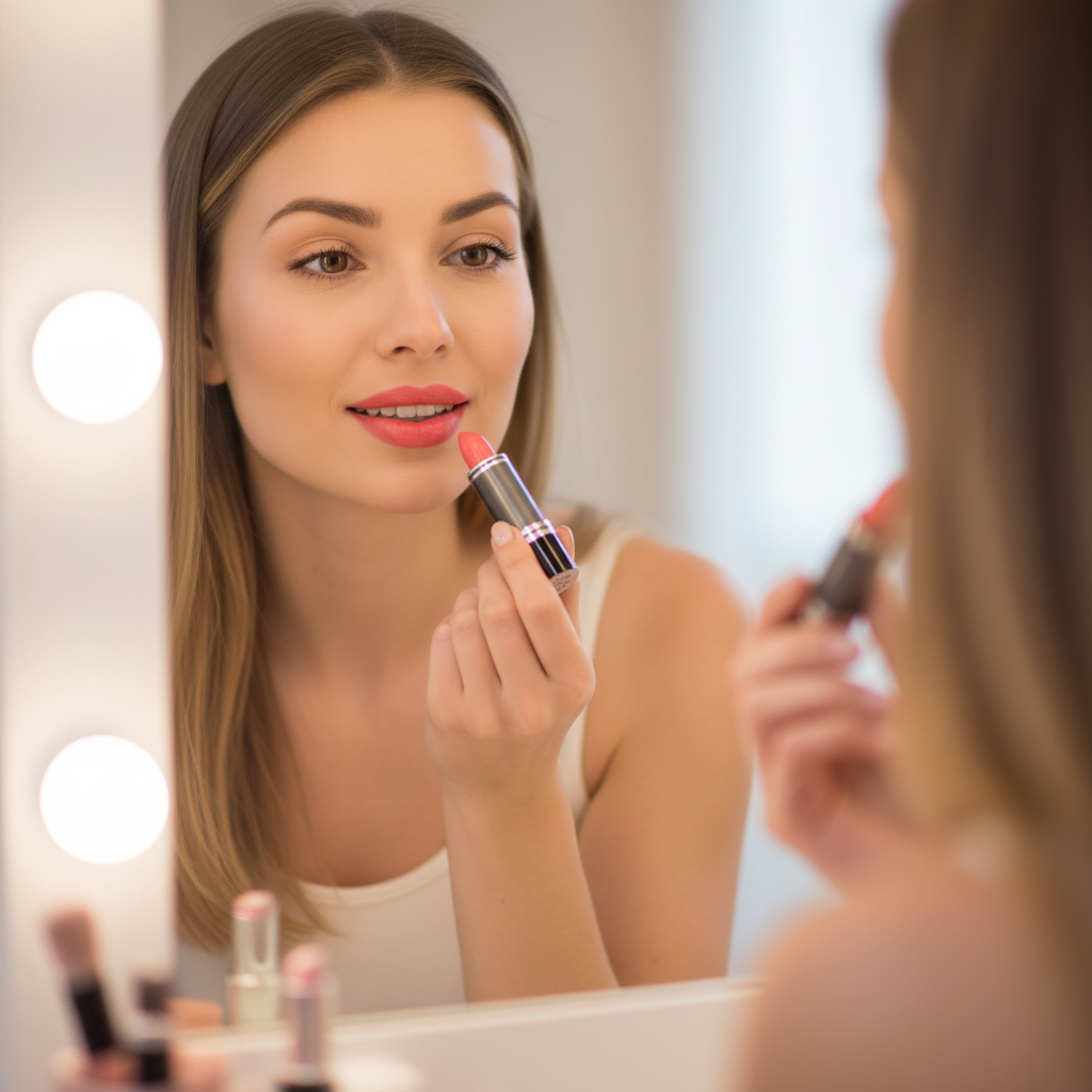 Woman applying Laval Lipstick Coral Cloud 14 at vanity mirror in candid lifestyle moment