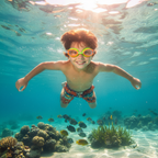 Child swimming underwater with Kids Swimming Goggles showing clear underwater vision