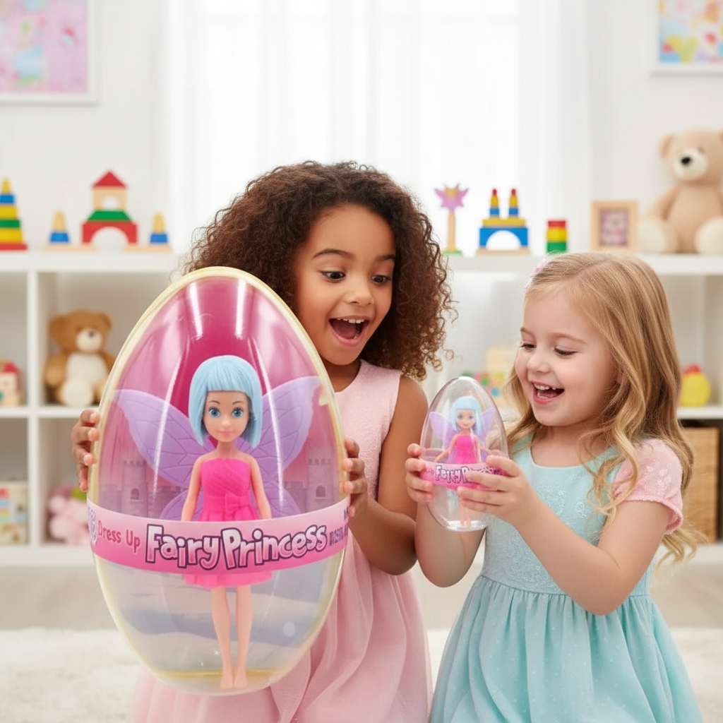 Child opening colorful egg to discover fairy princess doll inside with excitement