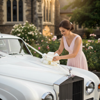 Bridesmaid attaching ivory wedding ribbon and pull bow to a white wedding car outside a church
