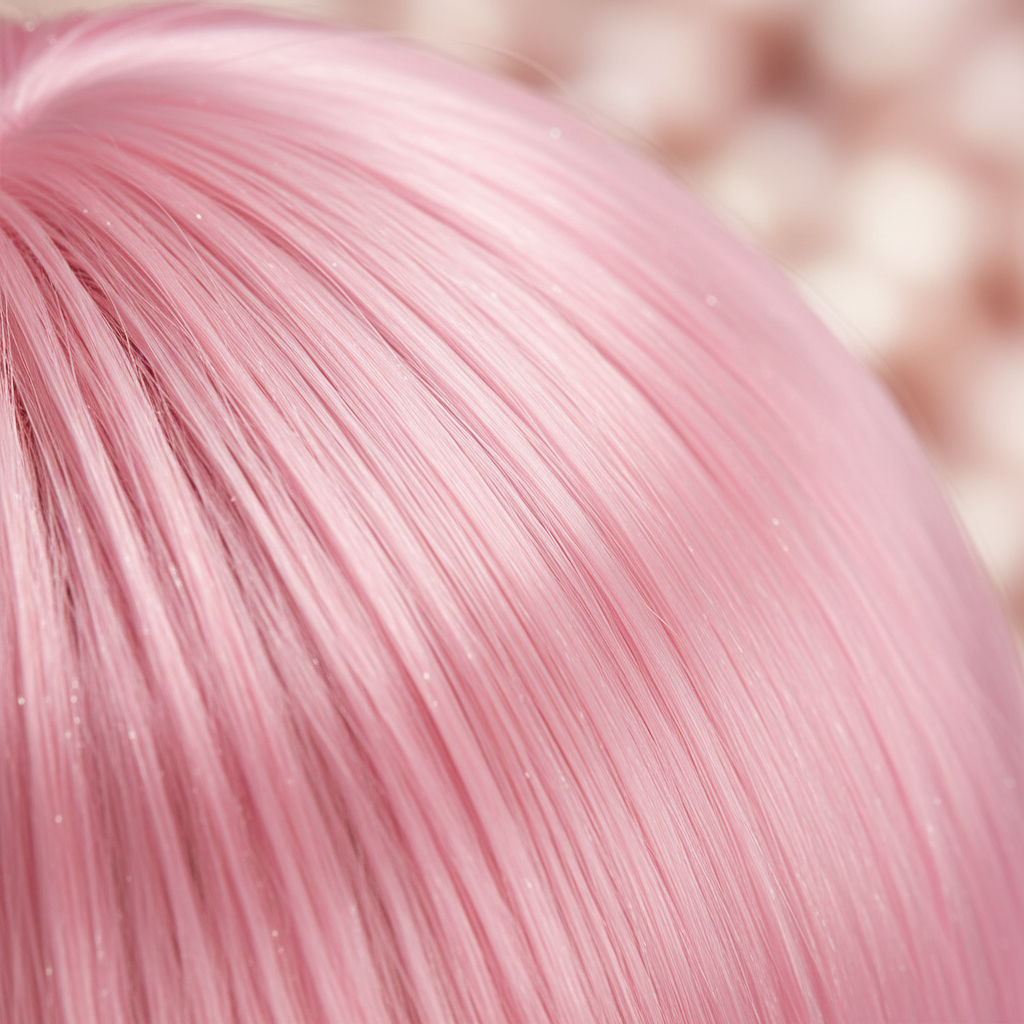 Extreme macro close-up of bubblegum pink synthetic wig fibres showing silky texture and sheen
