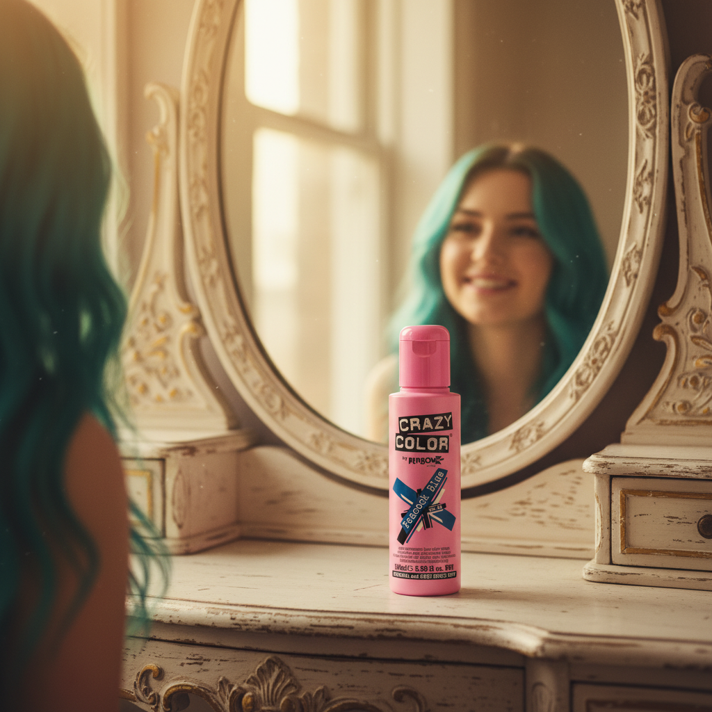 Crazy Color Peacock Blue Hair Dye on a vintage vanity with a woman with vivid teal hair smiling in the mirror at golden hour