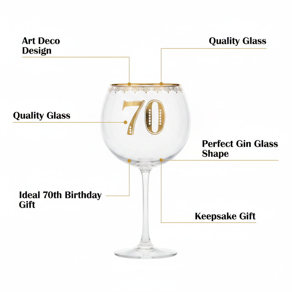 Art Deco 70th Birthday Gin Glass premium feature infographic highlighting key product benefits