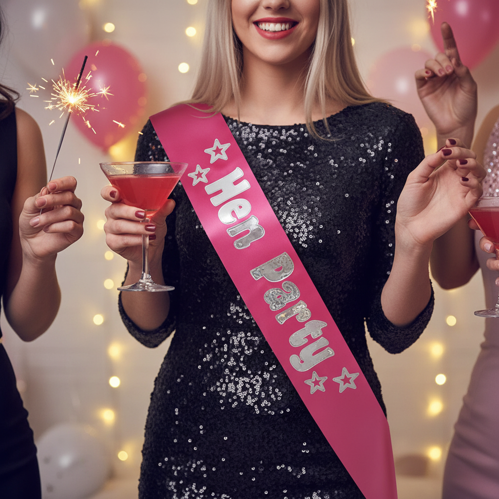 Close-up of Hot Pink Silver Foil Hen Party Sash worn at a party with sparklers and pink cocktails in the background