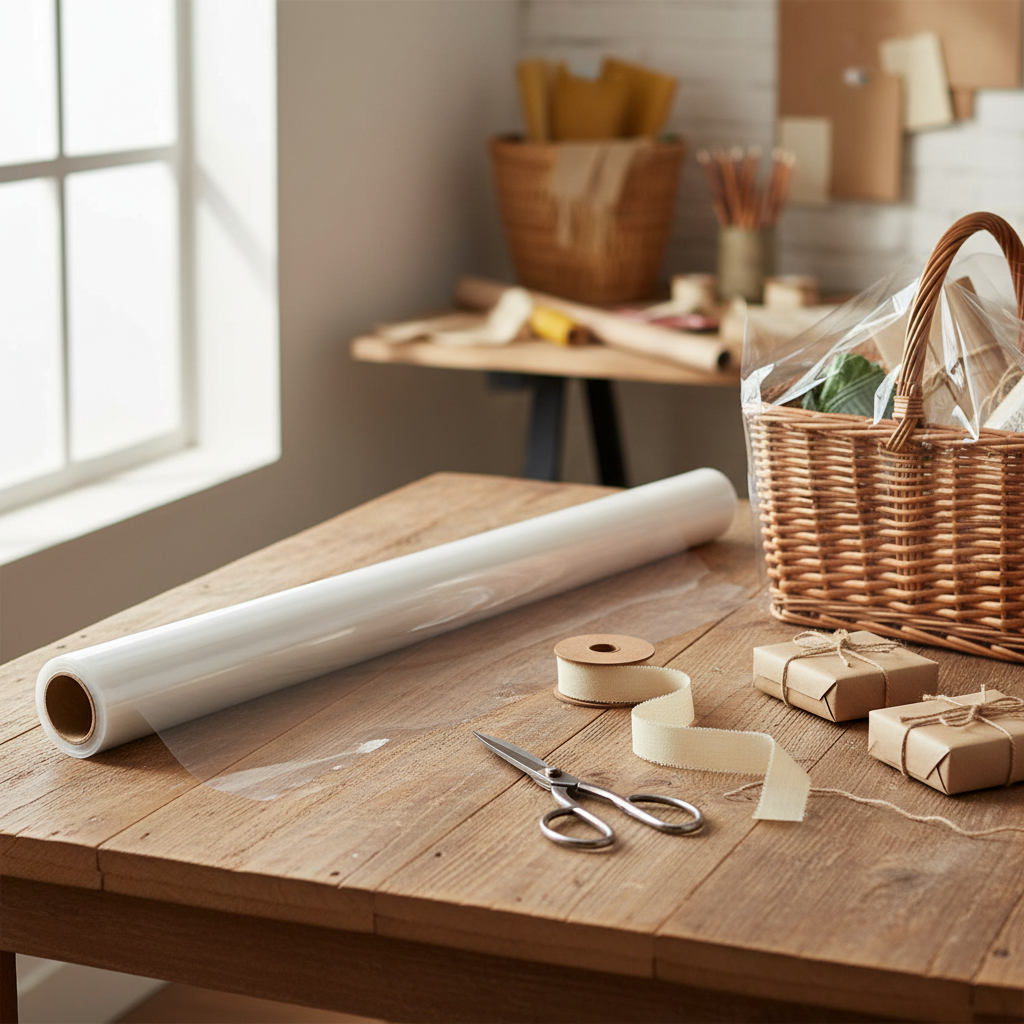 Clear cellophane wrap roll on craft table with scissors and ribbon - natural environment