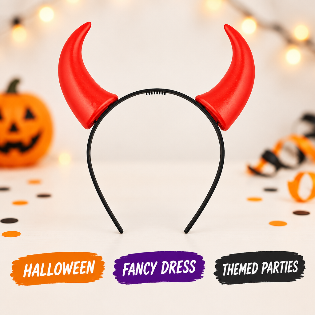 Red devil horns on a black headband with Halloween, fancy-dress and themed-party labels.