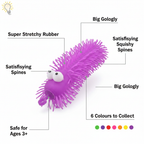 Big Eye Puffer Caterpillar infographic showing key features: Super Stretchy Rubber, Satisfying Squishy Spines, Big Googly Eyes, 6 Colours to Collect, Safe for Ages 3+