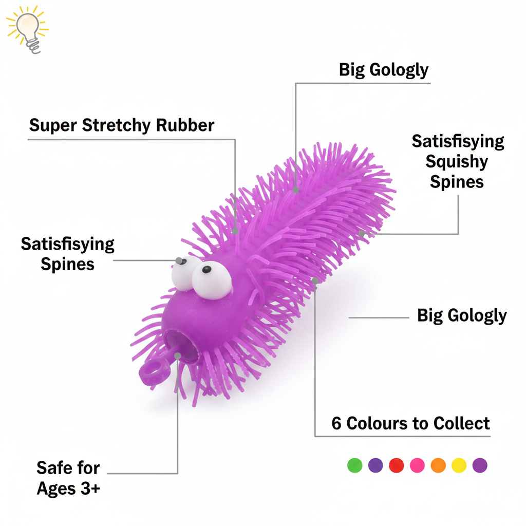 Big Eye Puffer Caterpillar infographic showing key features: Super Stretchy Rubber, Satisfying Squishy Spines, Big Googly Eyes, 6 Colours to Collect, Safe for Ages 3+